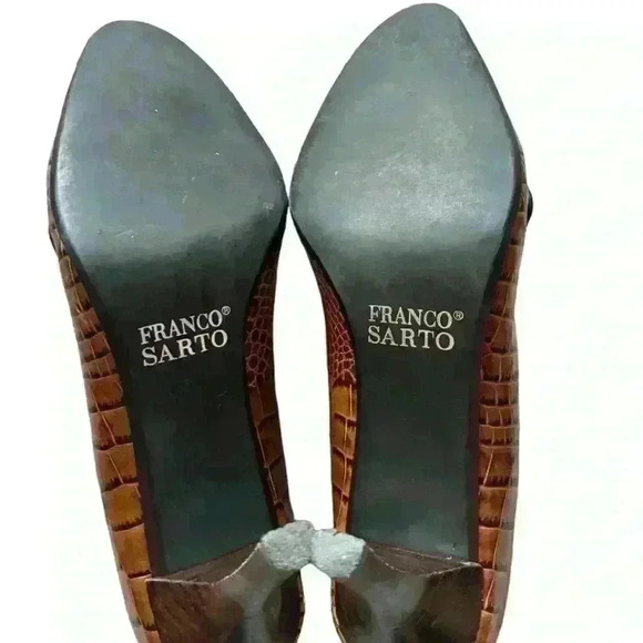 Franco Sarto Brown Crocodile Leather Pumps Size 7 1/2 Pointed Toe MaryJane Heels - Picture 8 of 8